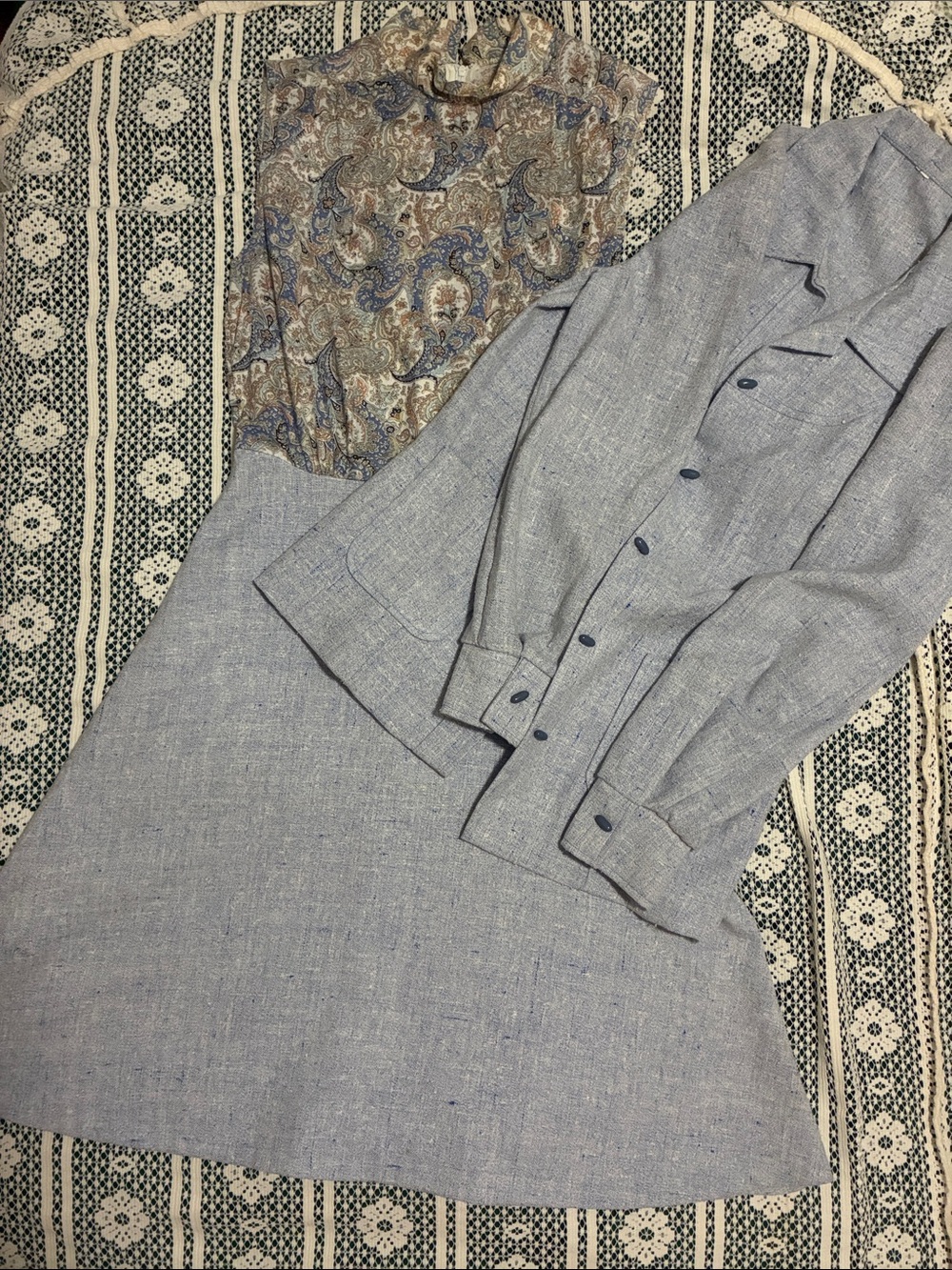 Vintage 70s Blue Paisley Dress Set with Jacket and Belt three piece outfit